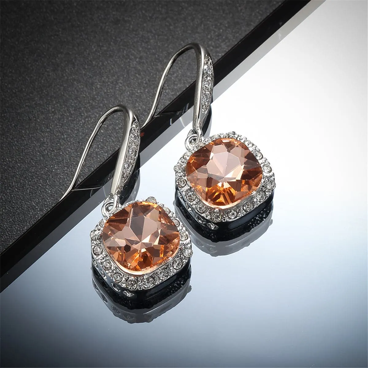 Champagne Crystal & Silver-Plated Princess-Cut Drop Earrings