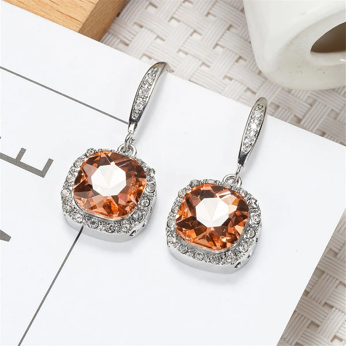 Champagne Crystal & Silver-Plated Princess-Cut Drop Earrings