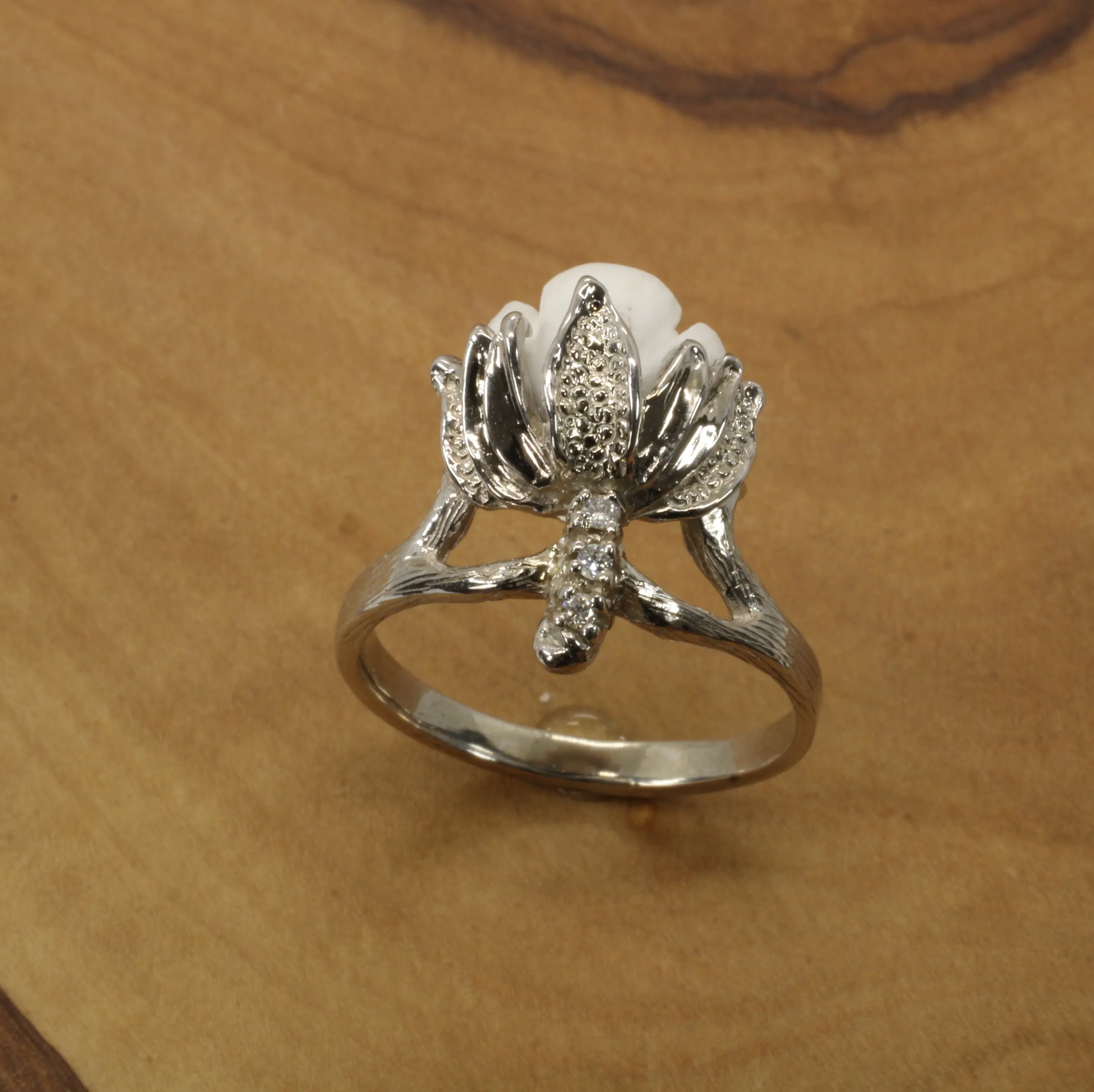 Cotton Boll Ring in 14kt White Gold with Hand Carved white stone and diamonds