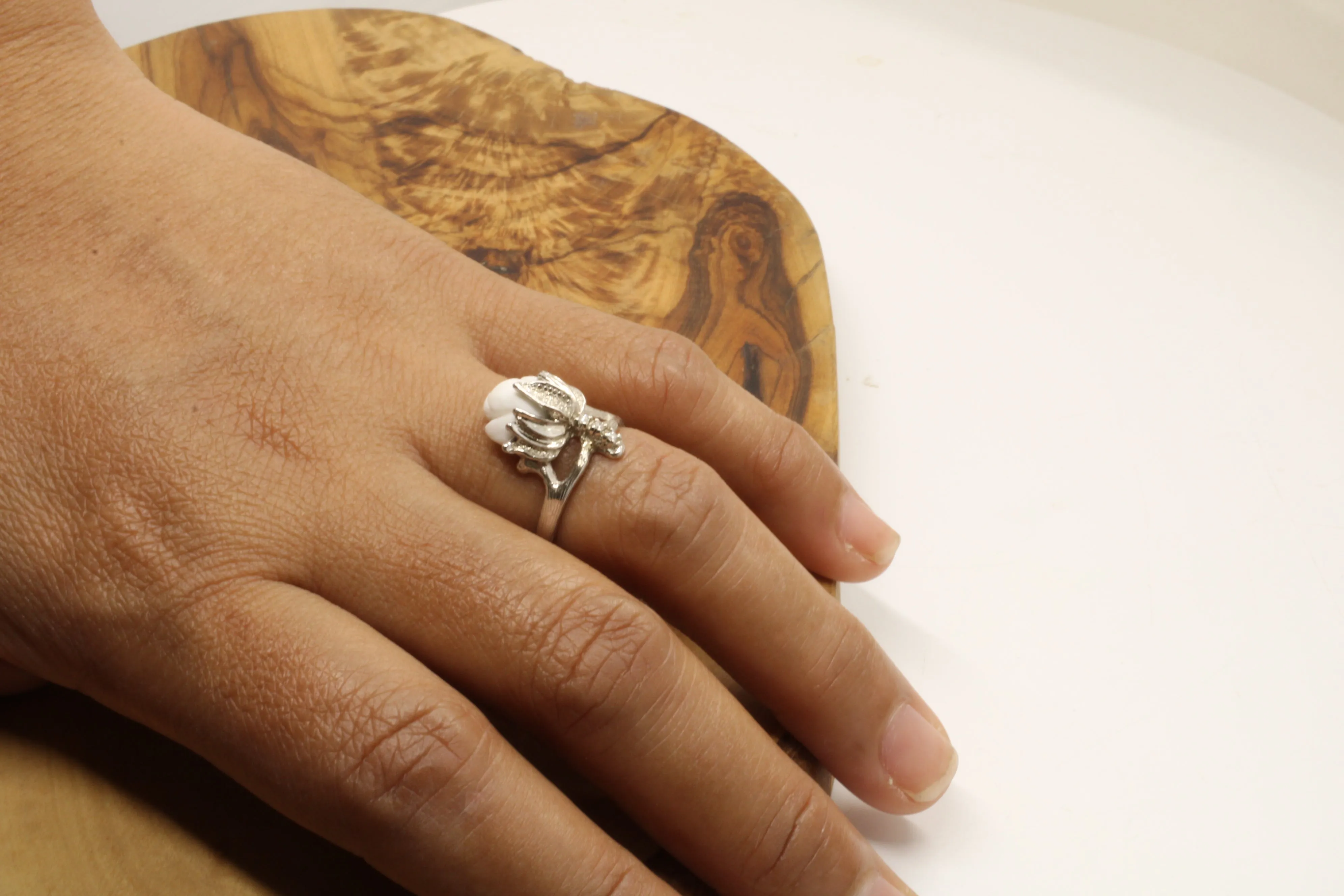 Cotton Boll Ring in 14kt White Gold with Hand Carved white stone and diamonds