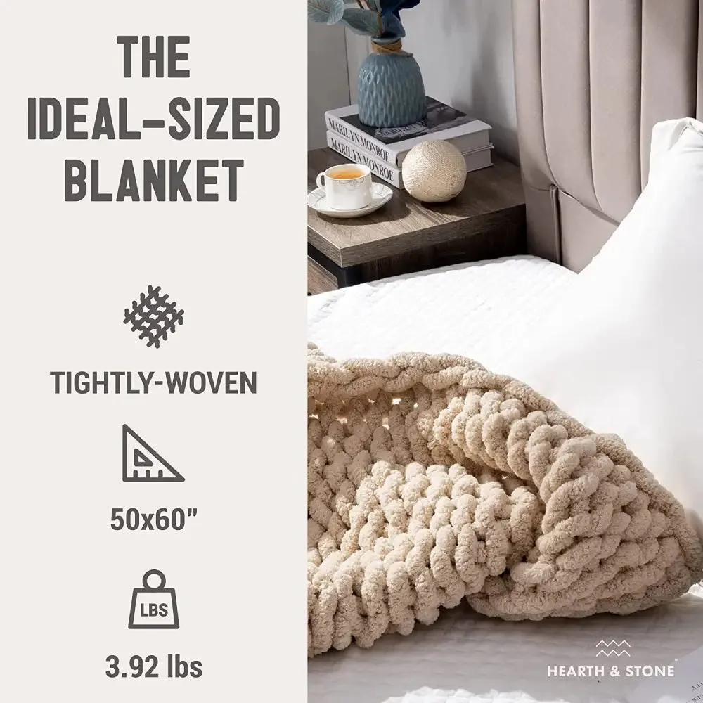 Cozy Handmade Chunky Knit Blanket in Soft Beige Chenille