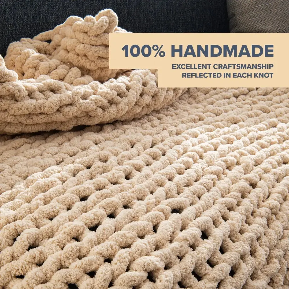 Cozy Handmade Chunky Knit Blanket in Soft Beige Chenille