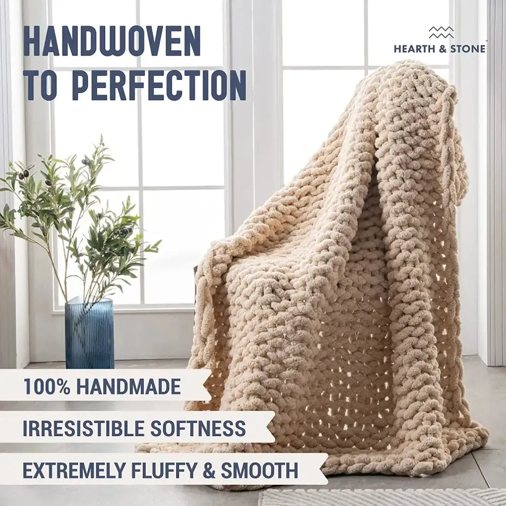 Cozy Handmade Chunky Knit Blanket in Soft Beige Chenille