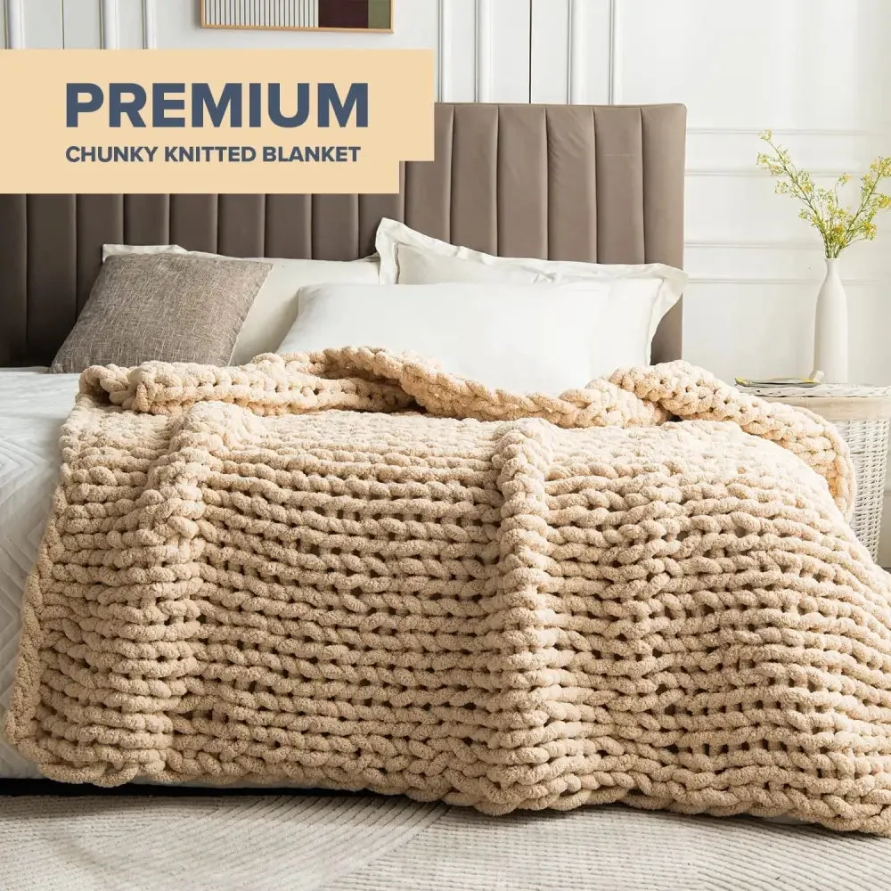 Cozy Handmade Chunky Knit Blanket in Soft Beige Chenille