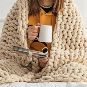 Cozy Handmade Chunky Knit Blanket in Soft Beige Chenille