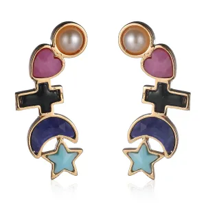 Crystal & Pearl 18K Gold-Plated Celestial Heart Drop Earrings