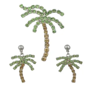 Crystal Palm Tree Brooch Pin and Earring Gift Set - PRL165BS