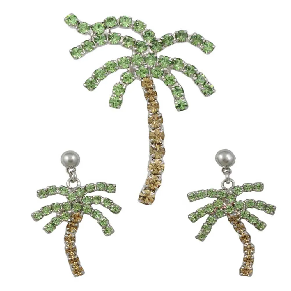 Crystal Palm Tree Brooch Pin and Earring Gift Set - PRL165BS