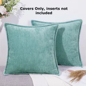 decorUhome Decorative Throw Pillow Covers 18x18 Set of 2, Farmhouse Velvet Pillow Covers, Square Chenille Pillow Covers with Stitched Edge for Couch, Sofa, Aqua Haze (Covers only, no inserts)
