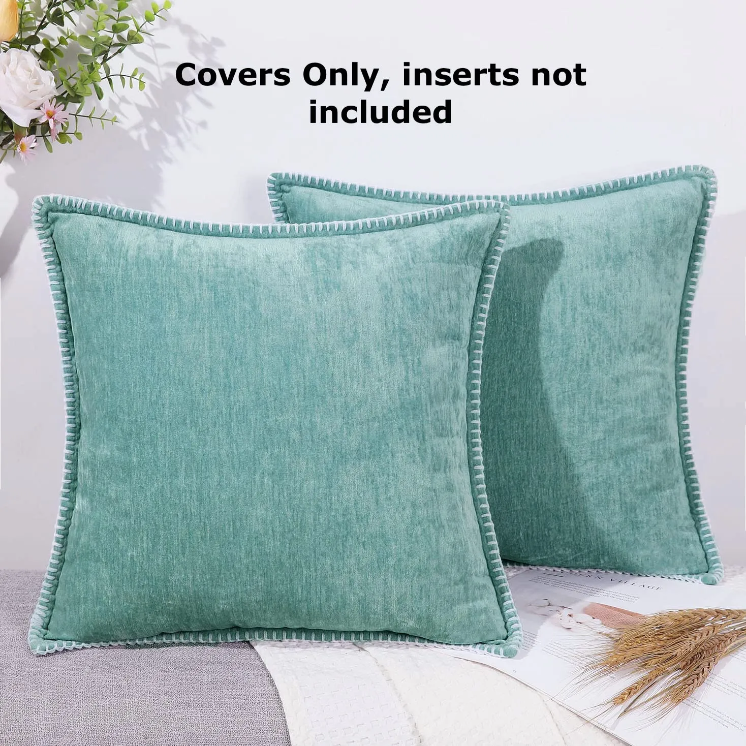 decorUhome Decorative Throw Pillow Covers 18x18 Set of 2, Farmhouse Velvet Pillow Covers, Square Chenille Pillow Covers with Stitched Edge for Couch, Sofa, Aqua Haze (Covers only, no inserts)