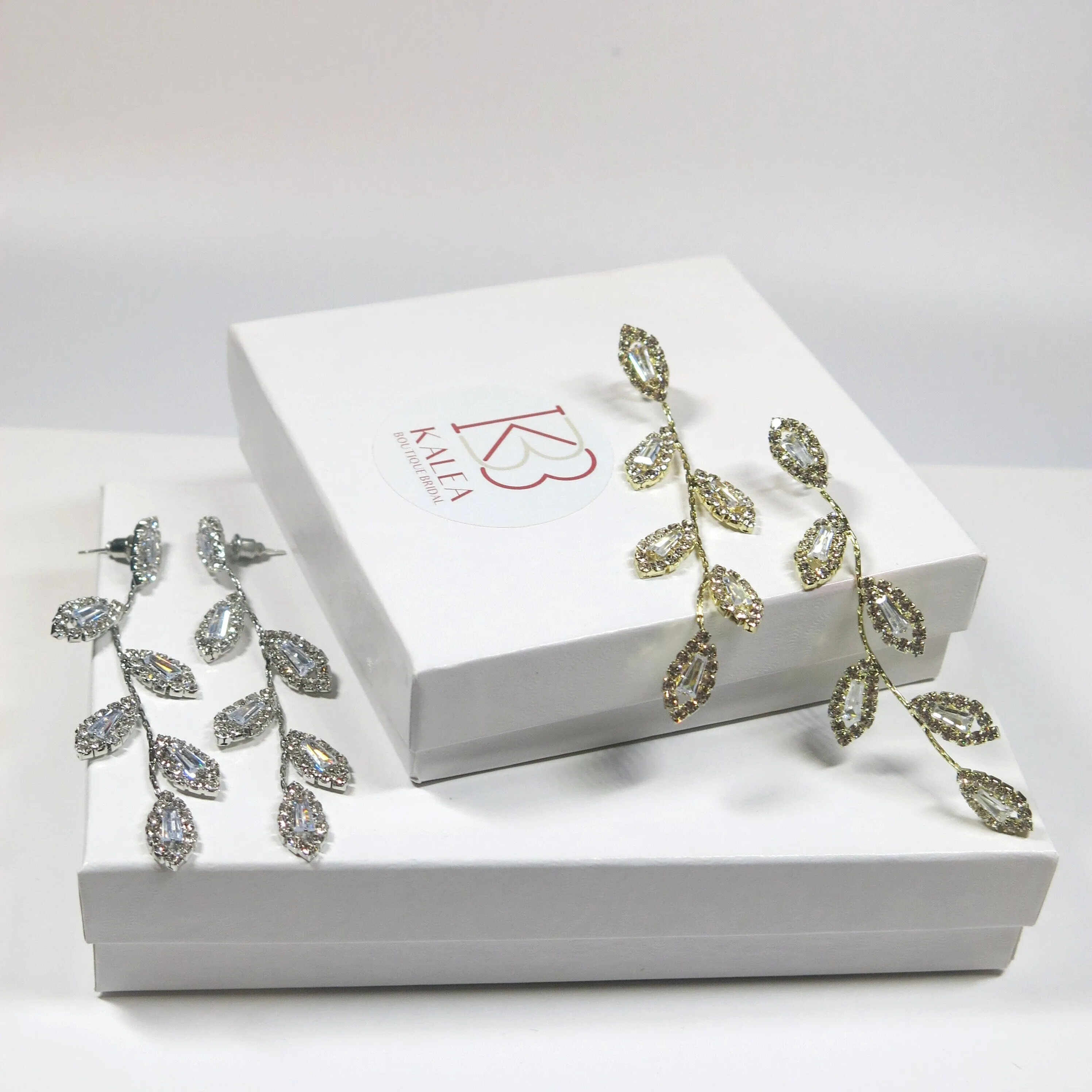 Diamond CZ Crystal Leaf Studs, Wedding Dangle Leaf Earrings, Bridal or Bridesmaids 14K Gold Plated Earrings