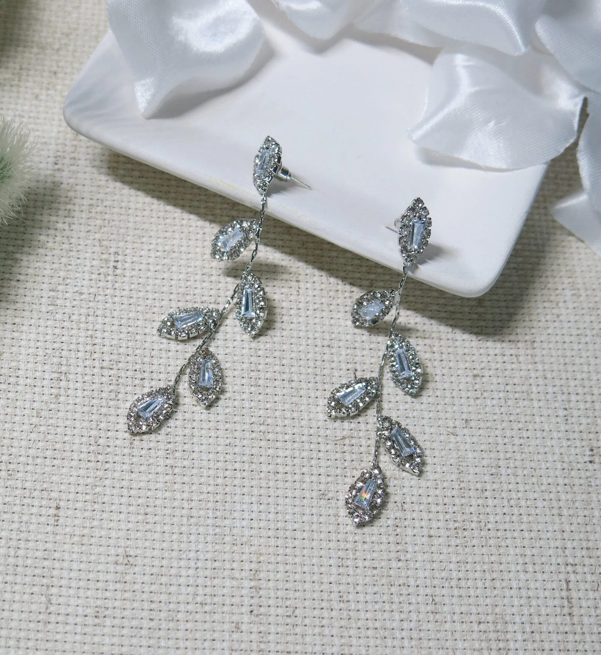 Diamond CZ Crystal Leaf Studs, Wedding Dangle Leaf Earrings, Bridal or Bridesmaids 14K Gold Plated Earrings