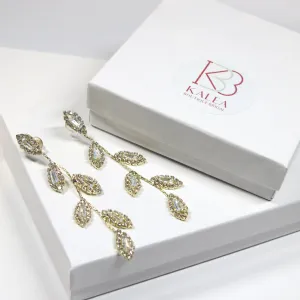 Diamond CZ Crystal Leaf Studs, Wedding Dangle Leaf Earrings, Bridal or Bridesmaids 14K Gold Plated Earrings
