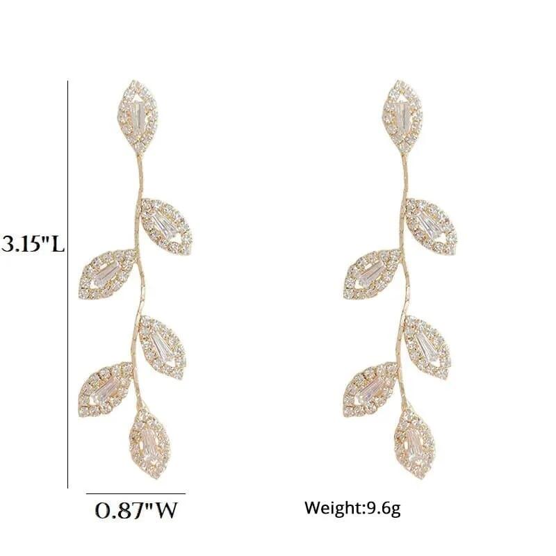 Diamond CZ Crystal Leaf Studs, Wedding Dangle Leaf Earrings, Bridal or Bridesmaids 14K Gold Plated Earrings