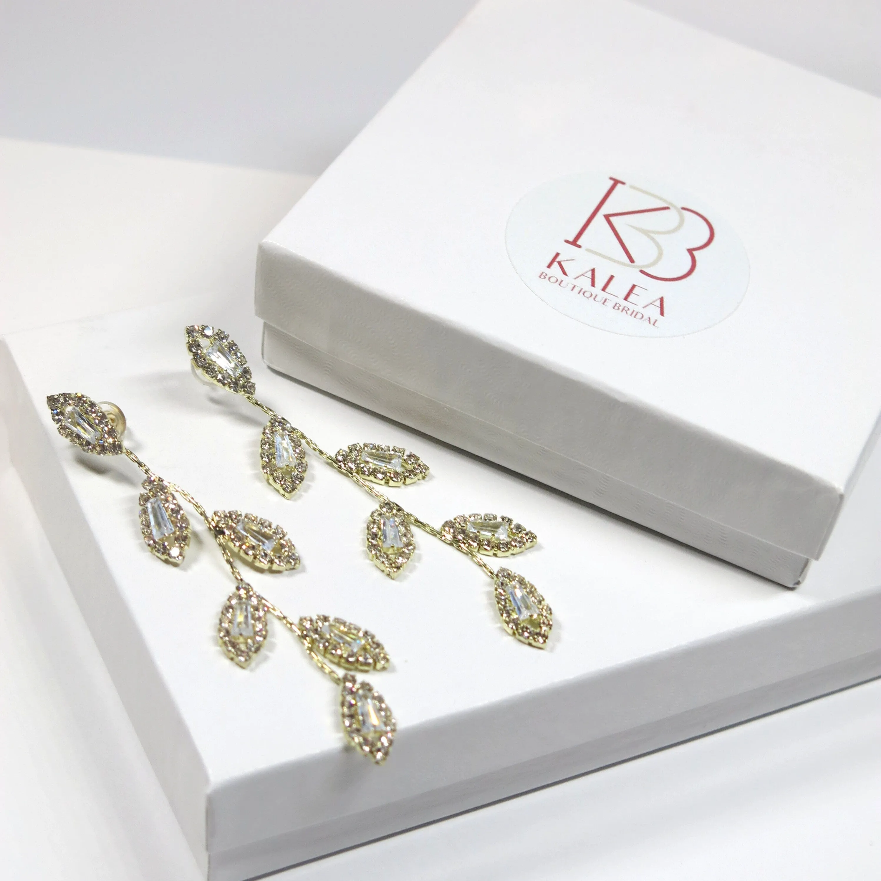 Diamond CZ Crystal Leaf Studs, Wedding Dangle Leaf Earrings, Bridal or Bridesmaids 14K Gold Plated Earrings