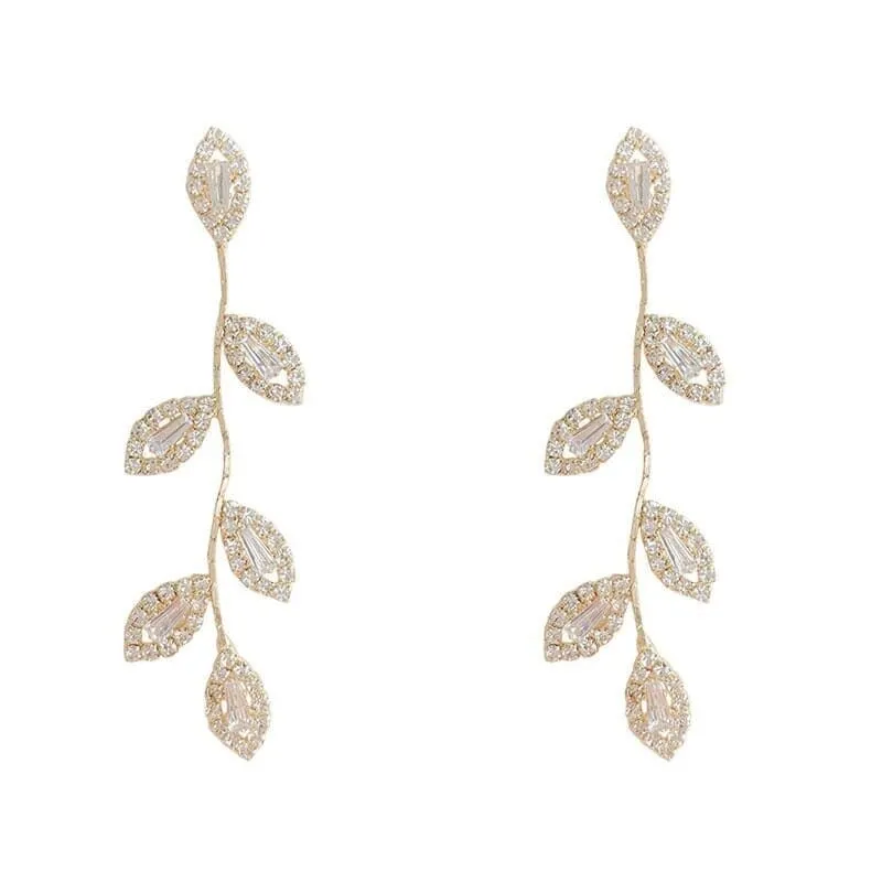 Diamond CZ Crystal Leaf Studs, Wedding Dangle Leaf Earrings, Bridal or Bridesmaids 14K Gold Plated Earrings