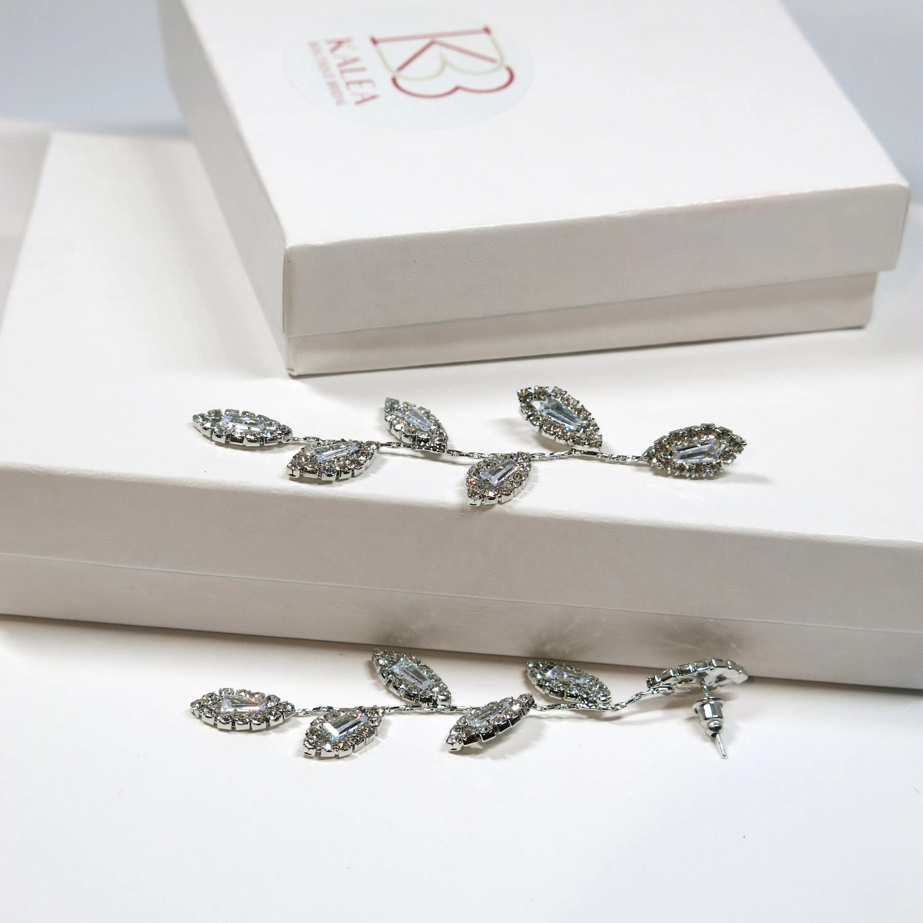 Diamond CZ Crystal Leaf Studs, Wedding Dangle Leaf Earrings, Bridal or Bridesmaids 14K Gold Plated Earrings