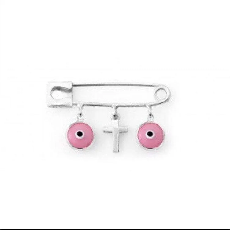 Evil Eye With Cross Safety Pin-Pink