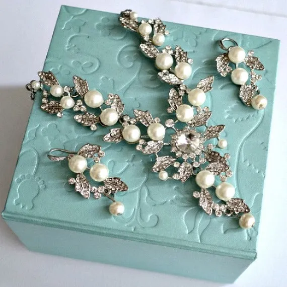 Floral Vine Leaves Rhinestone Pearl Wedding Jewelry Set. Bridal Pearl Jewelry Set. Wedding Earrings And Necklace Set. Bridesmaid Set.