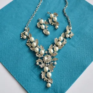 Floral Vine Leaves Rhinestone Pearl Wedding Jewelry Set. Bridal Pearl Jewelry Set. Wedding Earrings And Necklace Set. Bridesmaid Set.
