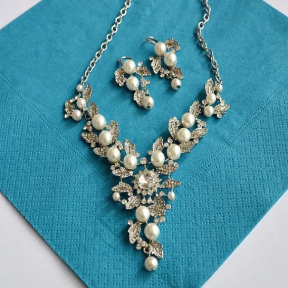 Floral Vine Leaves Rhinestone Pearl Wedding Jewelry Set. Bridal Pearl Jewelry Set. Wedding Earrings And Necklace Set. Bridesmaid Set.
