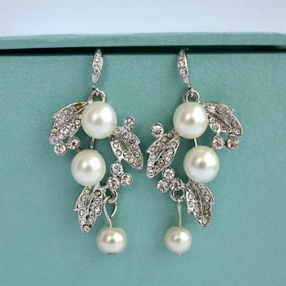 Floral Vine Leaves Rhinestone Pearl Wedding Jewelry Set. Bridal Pearl Jewelry Set. Wedding Earrings And Necklace Set. Bridesmaid Set.