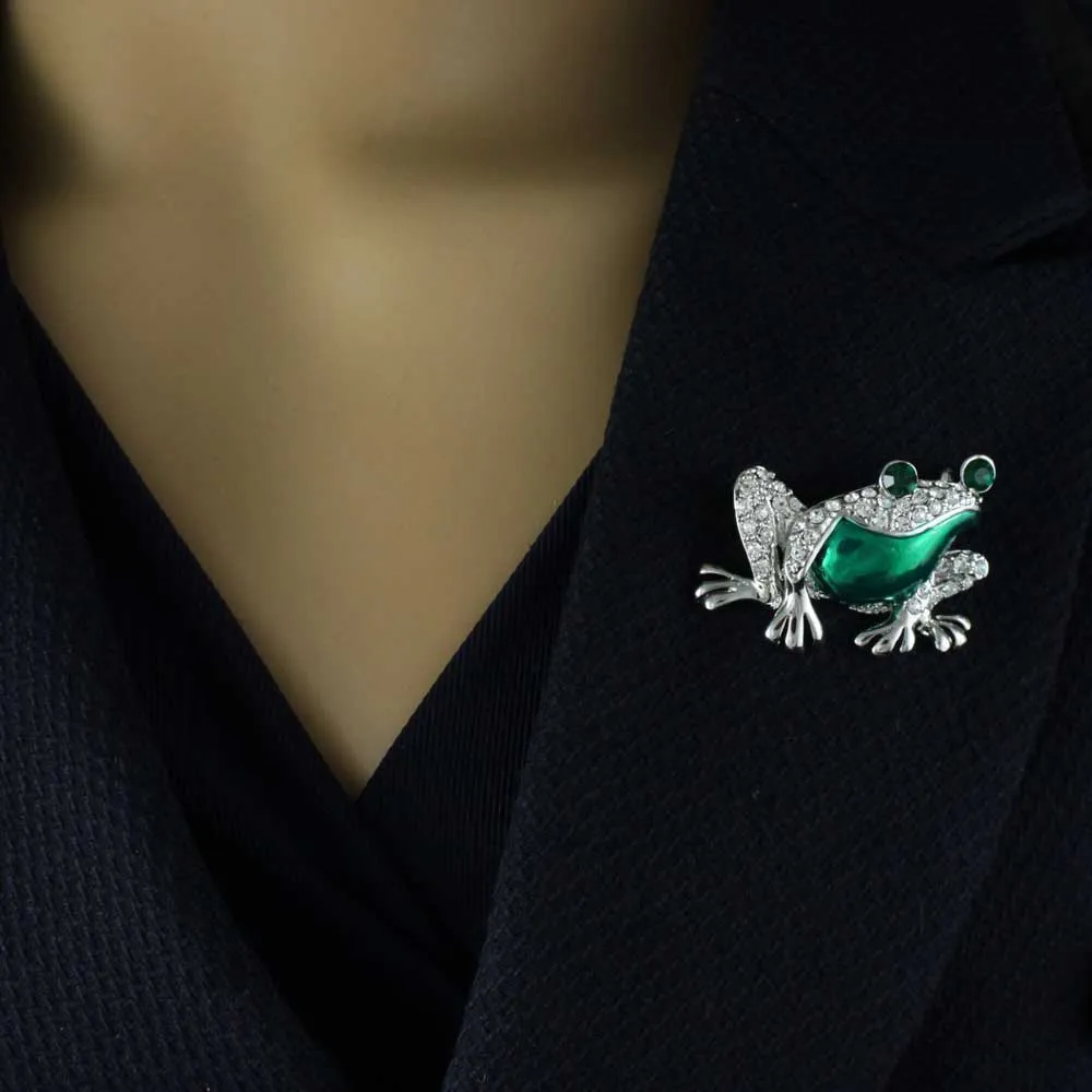 Frog with Metallic Green Enamel Belly Brooch Pin - PRA122BG