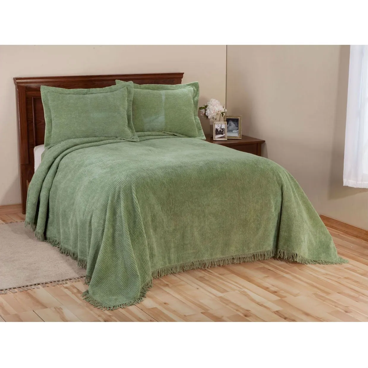 Full size Sage Green Cotton Chenille Bedspread with Fringe Edge
