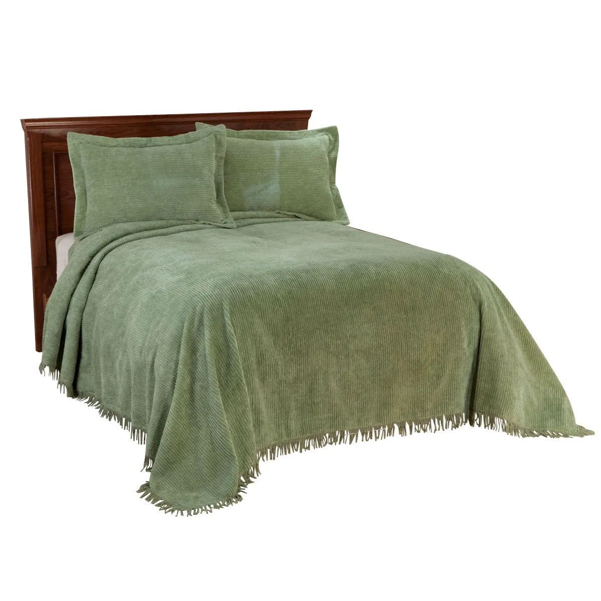 Full size Sage Green Cotton Chenille Bedspread with Fringe Edge