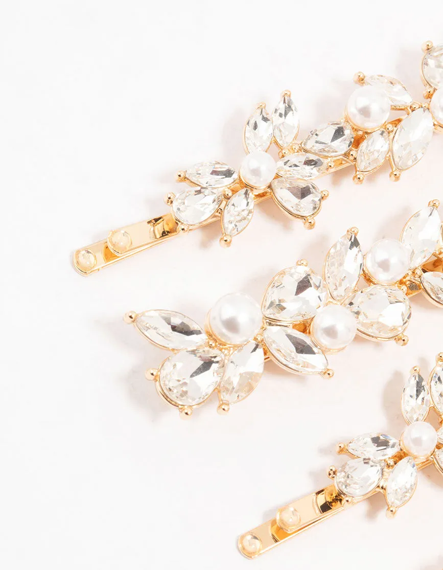Gold Leafy Diamante Crystal & Freshwater Pearl Hair Clips 4-Pack