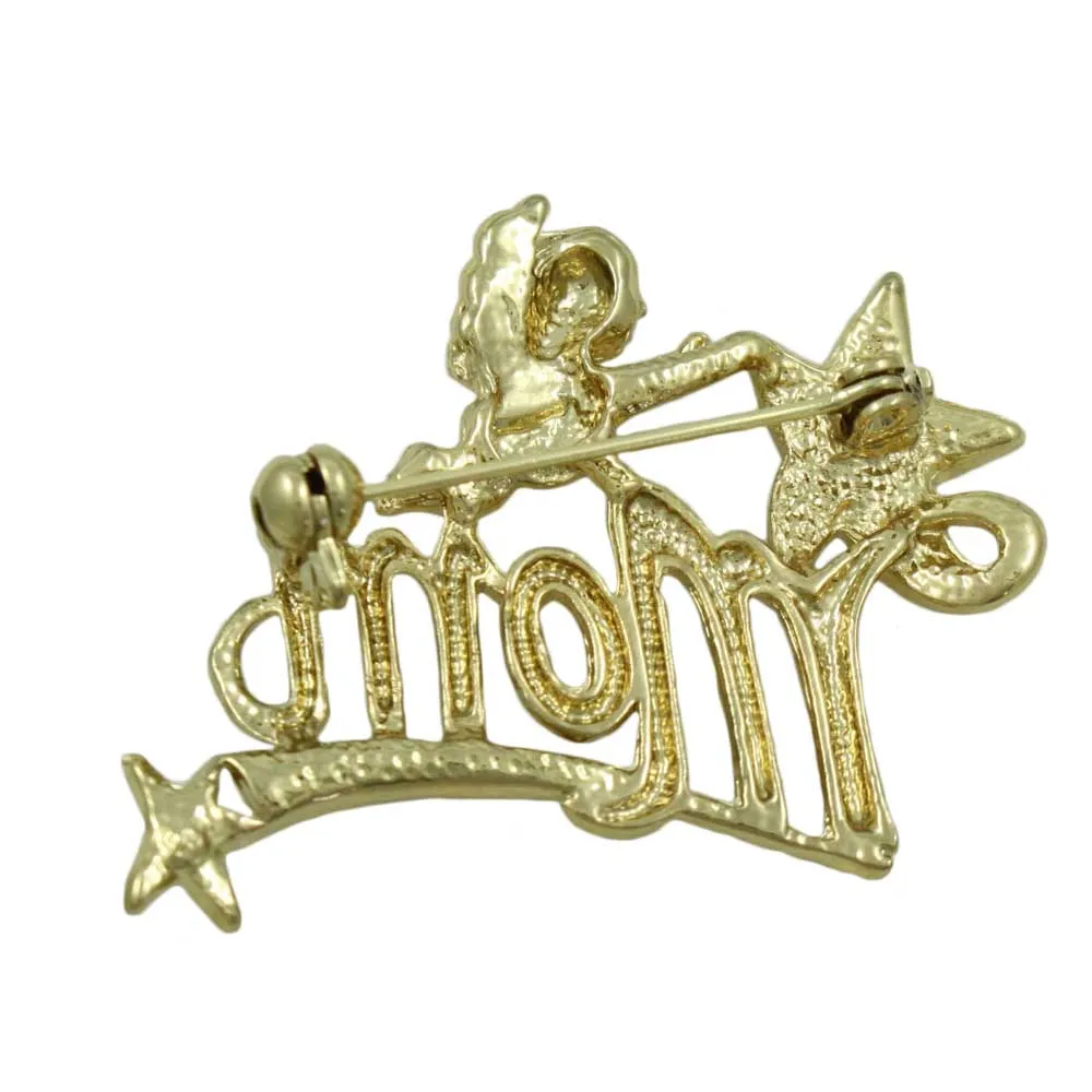 Gold MOM Cherub and Crystal Shooting Star Brooch Pin - PRF321