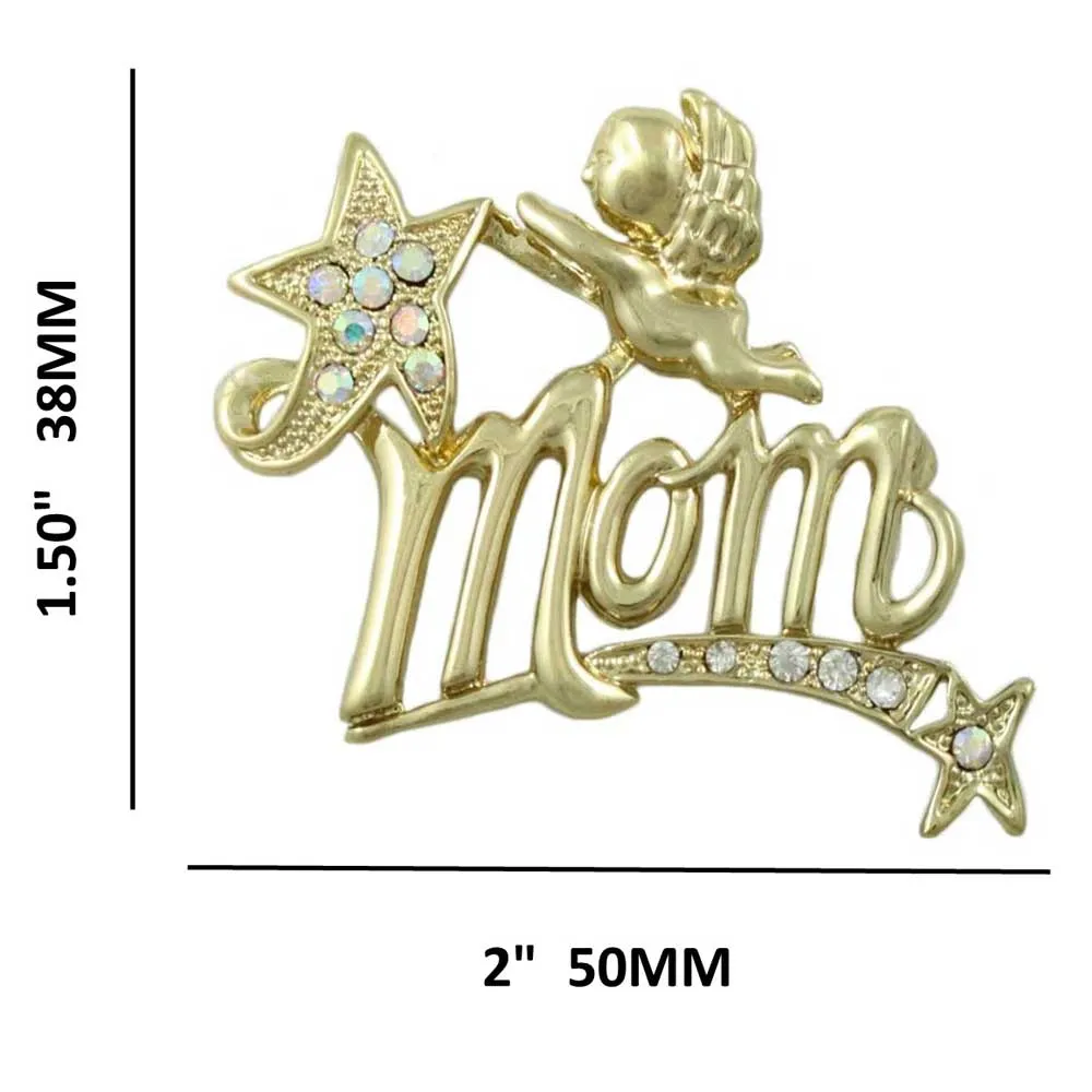 Gold MOM Cherub and Crystal Shooting Star Brooch Pin - PRF321