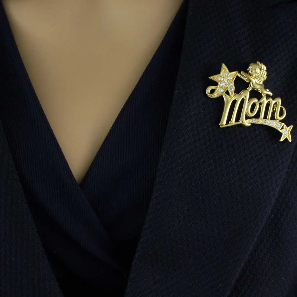Gold MOM Cherub and Crystal Shooting Star Brooch Pin - PRF321