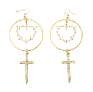 Gold rhinestone heart and dagger earrings