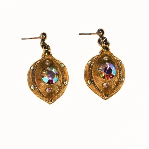 Gold Tone Drop Earrings with Rainbow Rhinestones