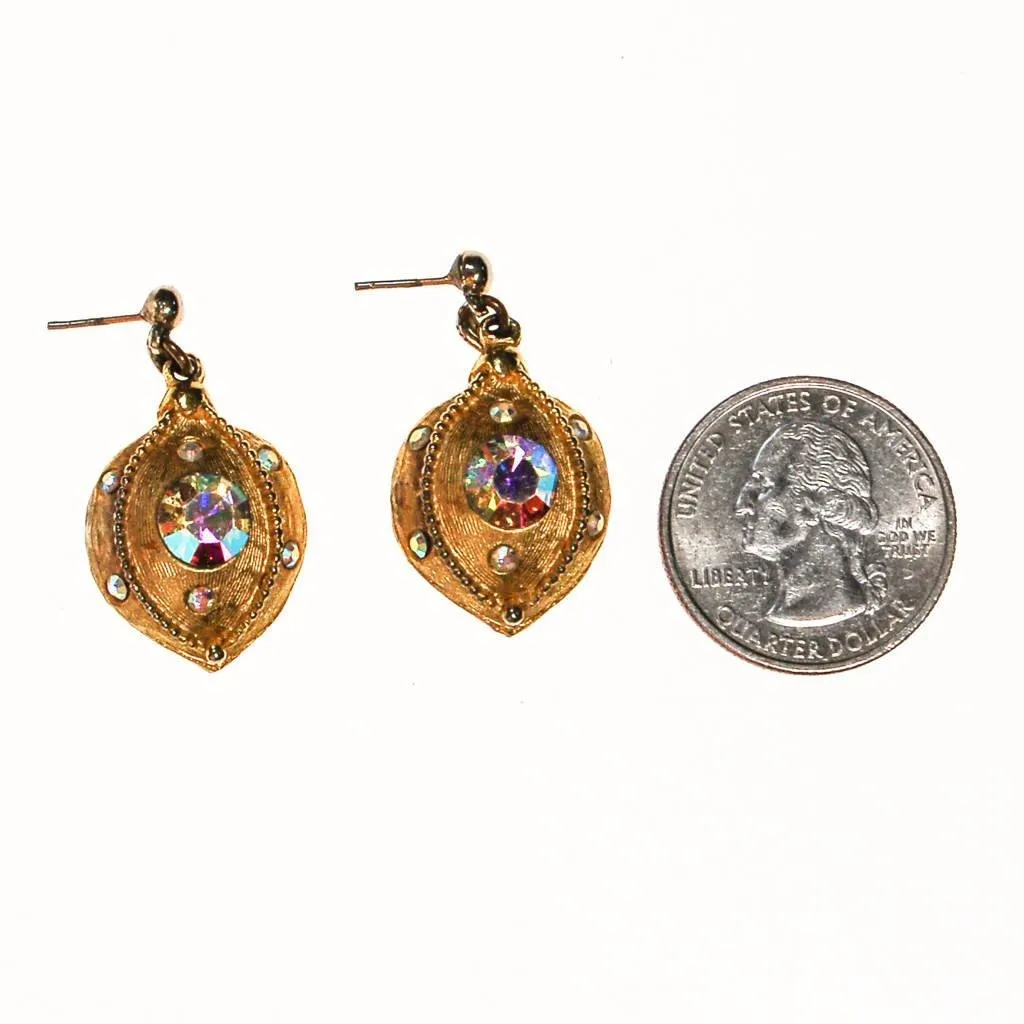 Gold Tone Drop Earrings with Rainbow Rhinestones