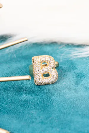 Goldtone Crystal Pave "B"  Cuff Ring