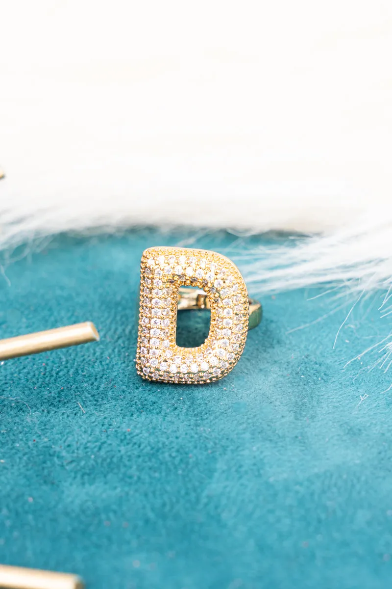 Goldtone Crystal Pave "D"  Cuff Ring