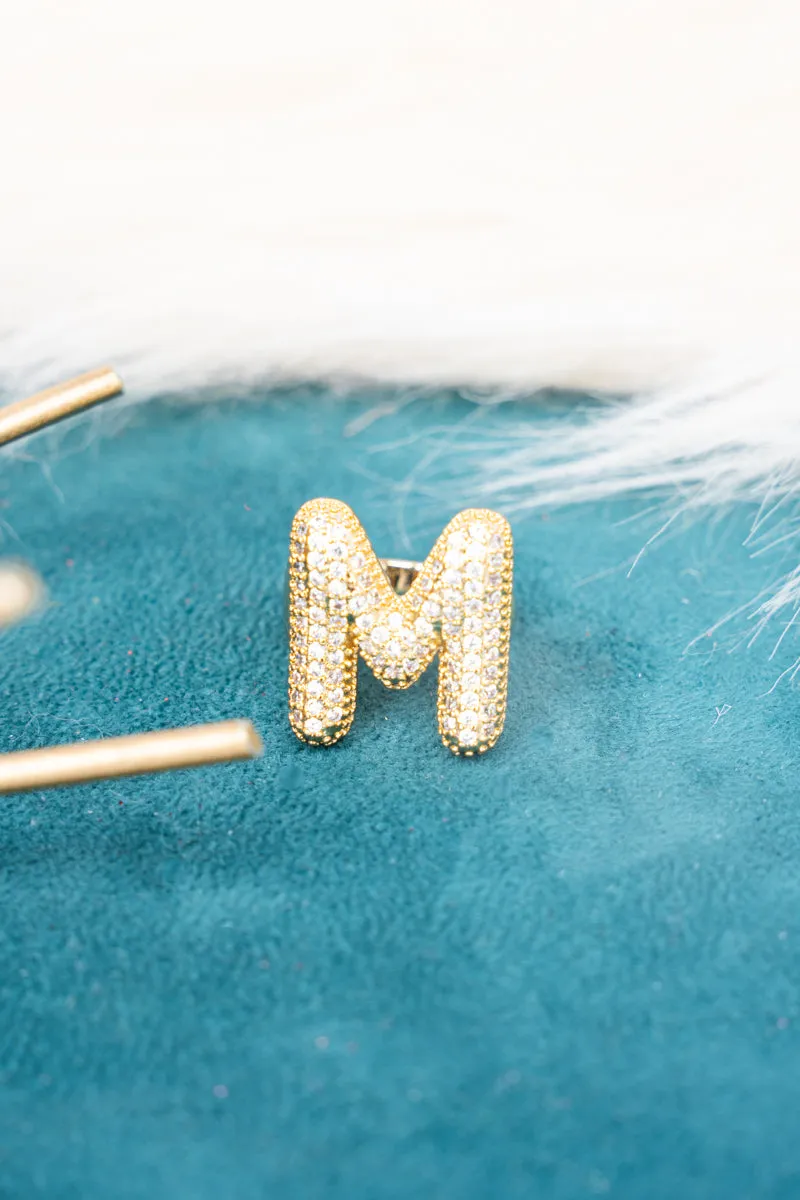 Goldtone Crystal Pave "M"  Cuff Ring