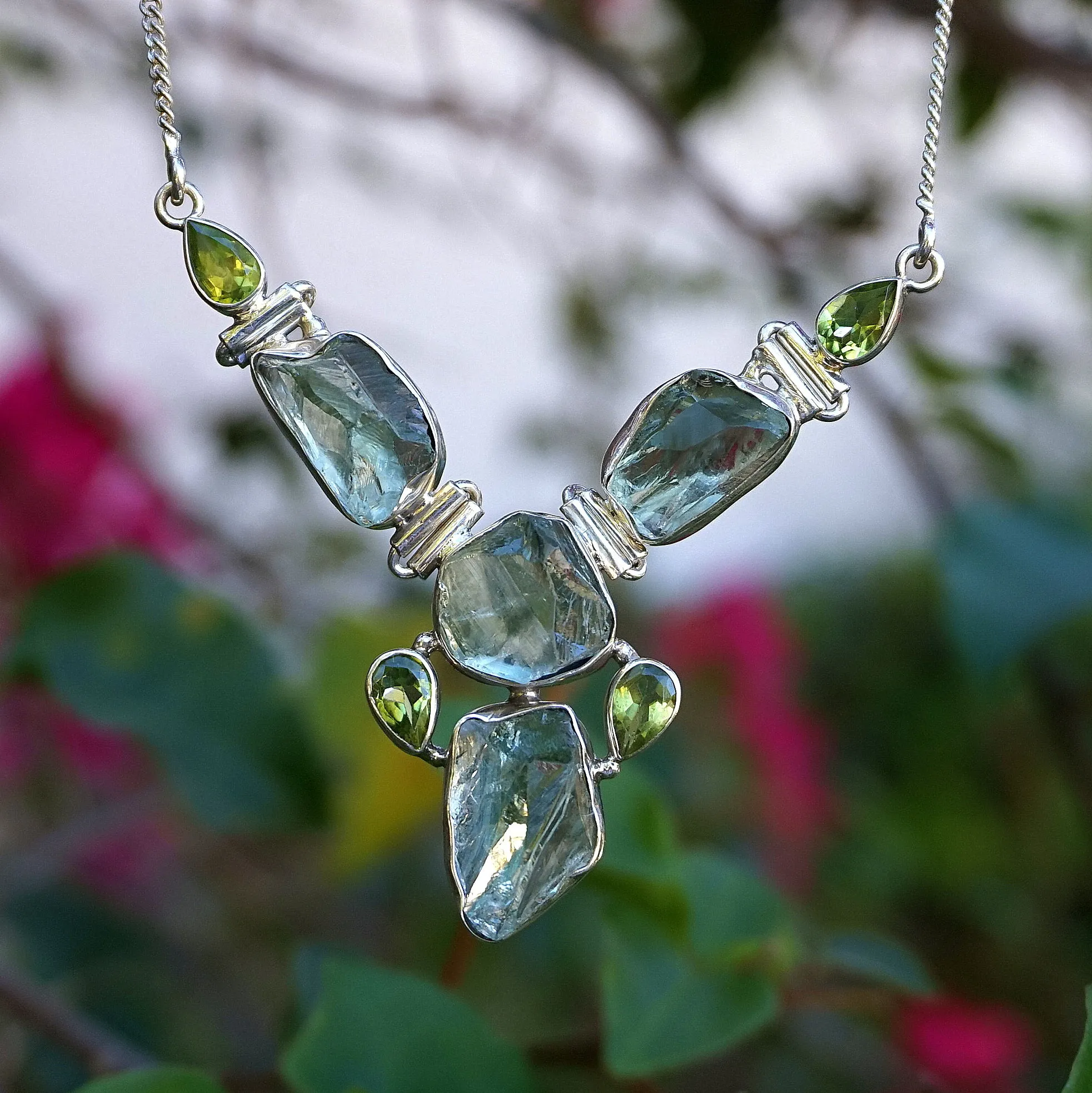 Green Amethyst Quartz Crystal and Peridot Hinged Necklace 2