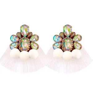 Green Crystal & Cubic Zirconia Flower Tassel Drop Earrings