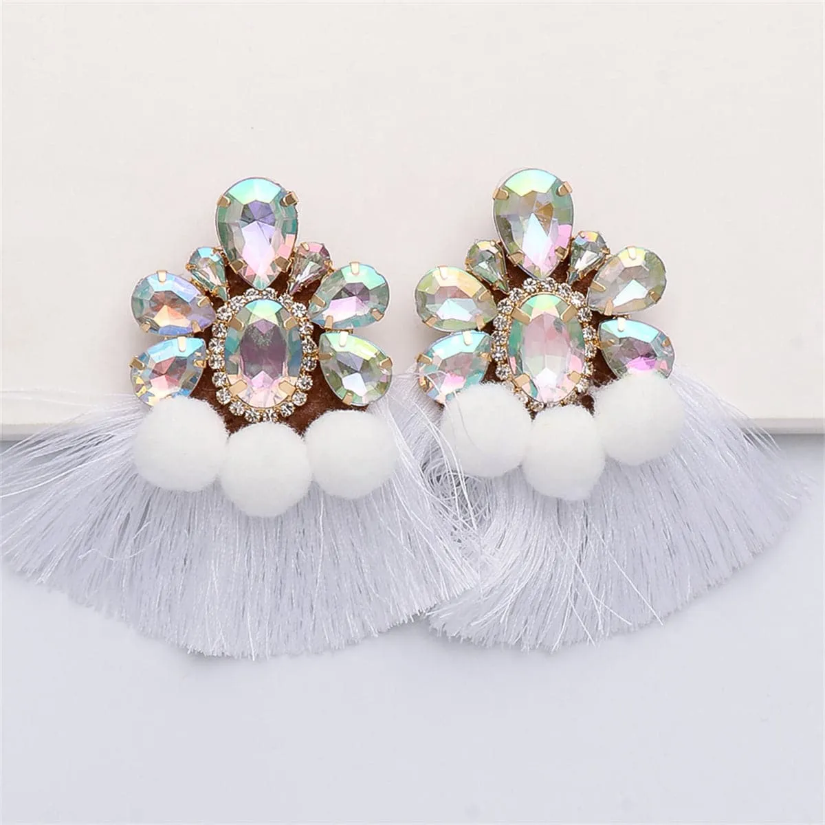 Green Crystal & Cubic Zirconia Flower Tassel Drop Earrings