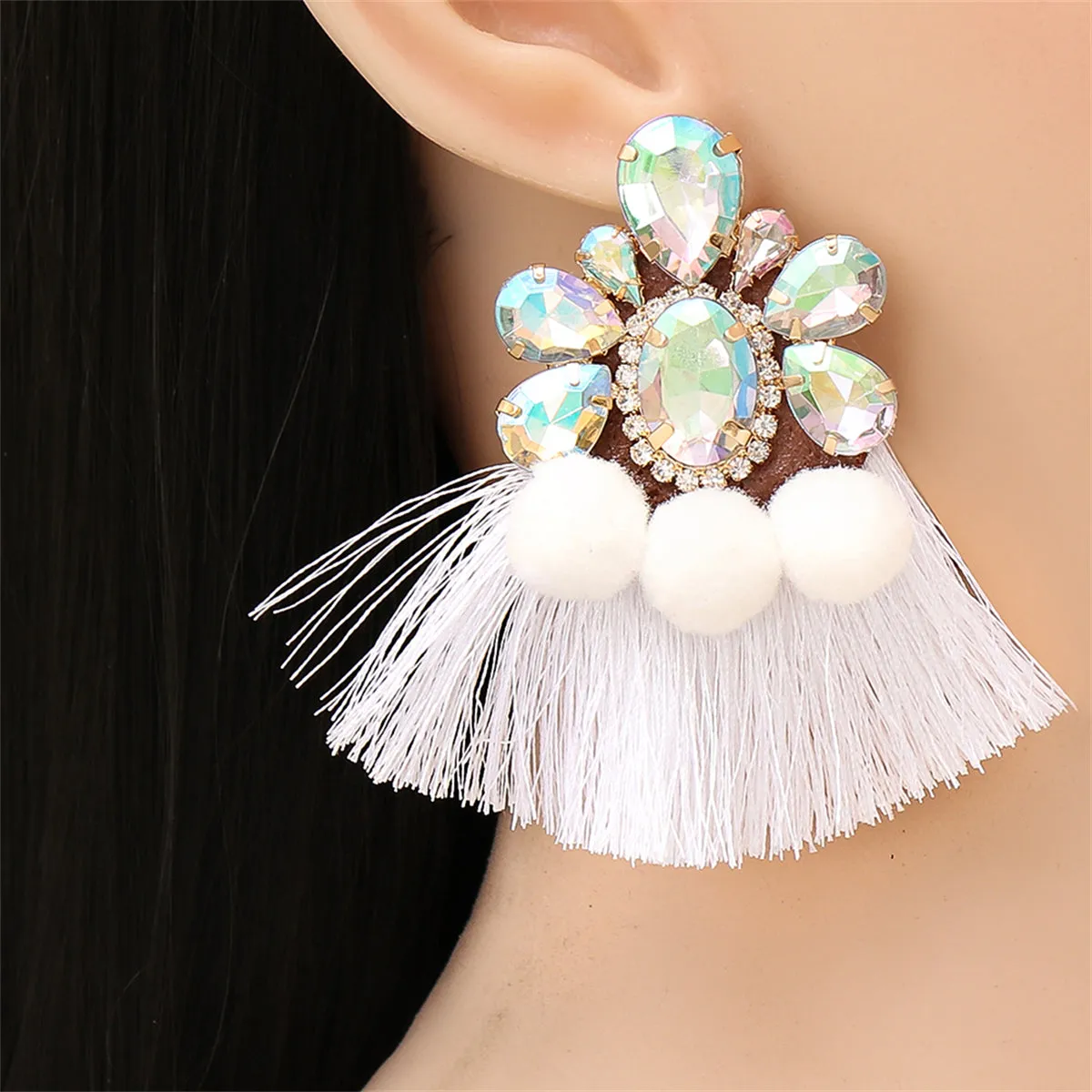 Green Crystal & Cubic Zirconia Flower Tassel Drop Earrings