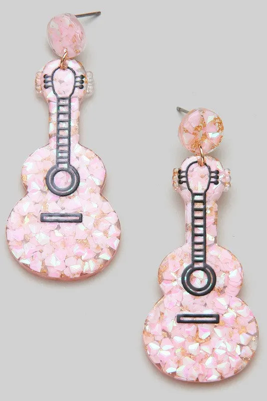 Guitar Sparkling Confetti Acrylic Earrings - Pink