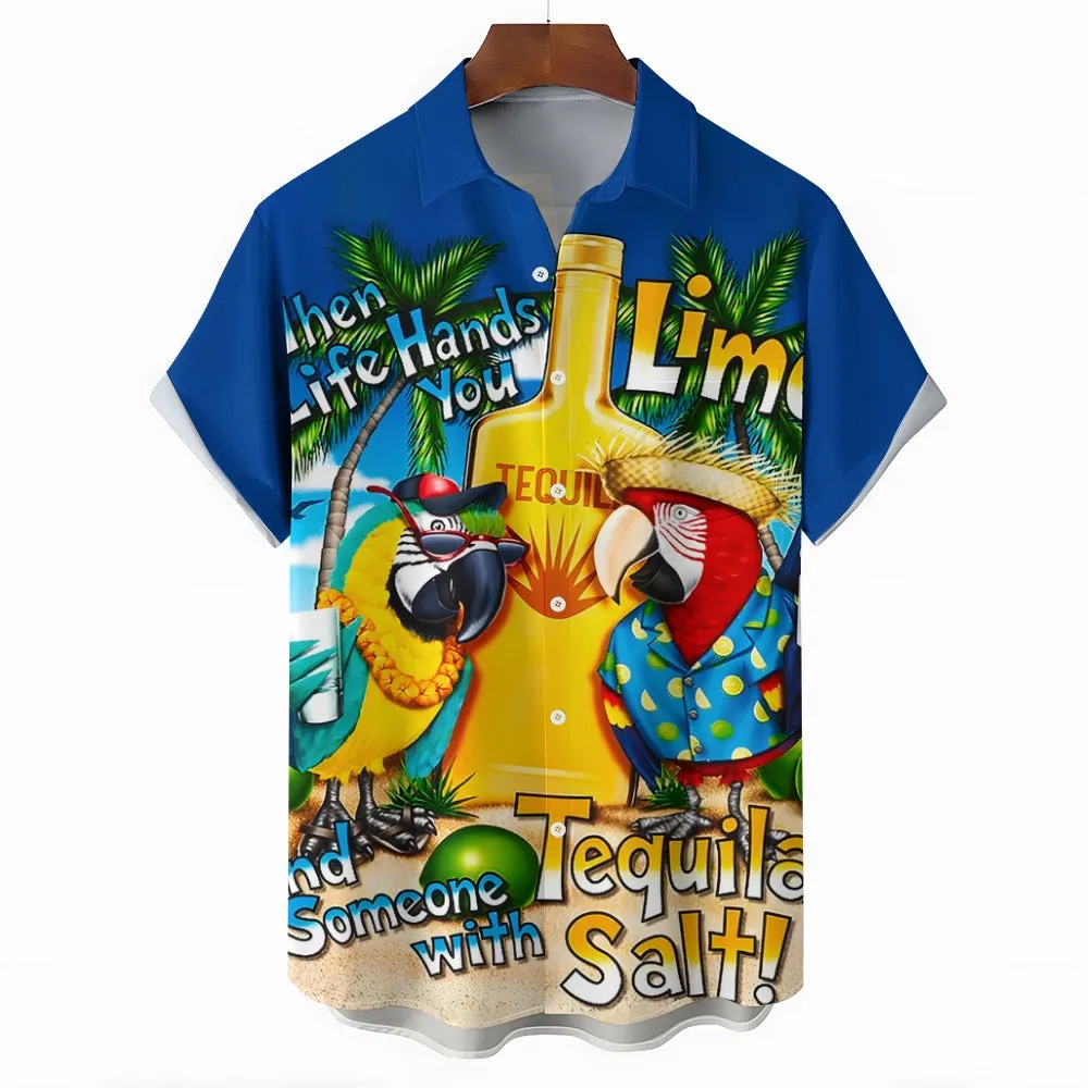Hawaiian Parrot Print Large Bamboo Linen Short Sleeve Shirt 2409001082