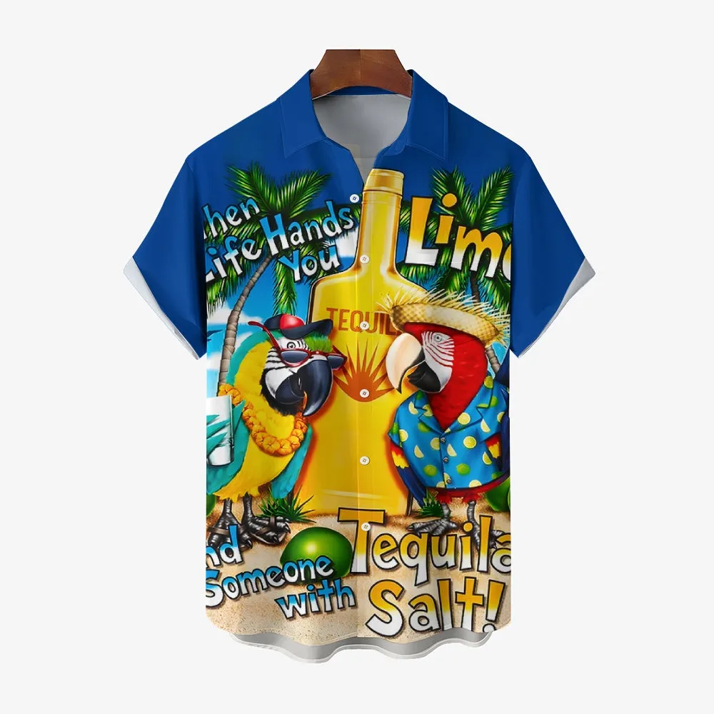 Hawaiian Parrot Print Large Bamboo Linen Short Sleeve Shirt 2409001082