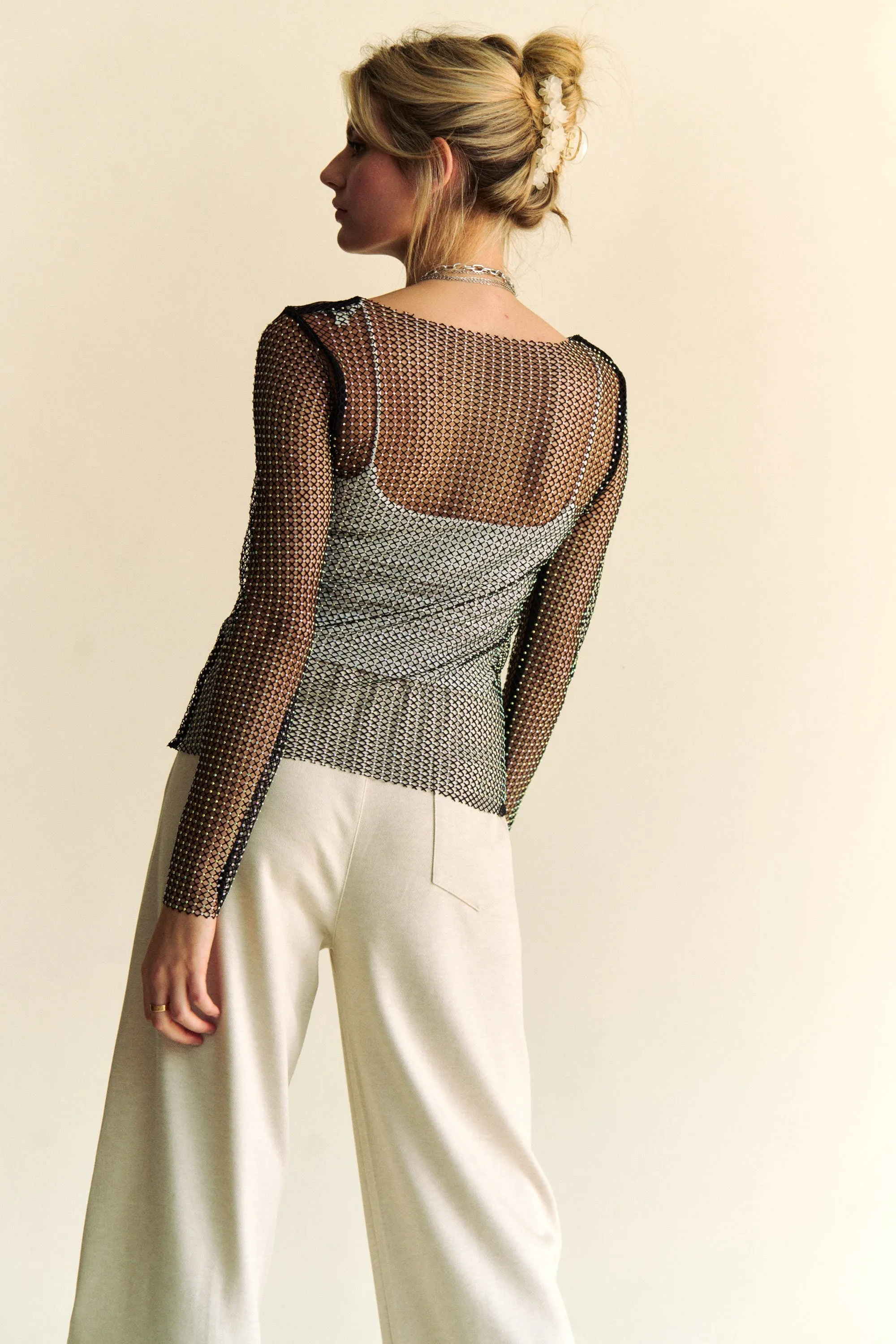 Hazel Blues® |  Davi & Dani Sparkling Rhinestone Sheer Mesh Round Neck Top