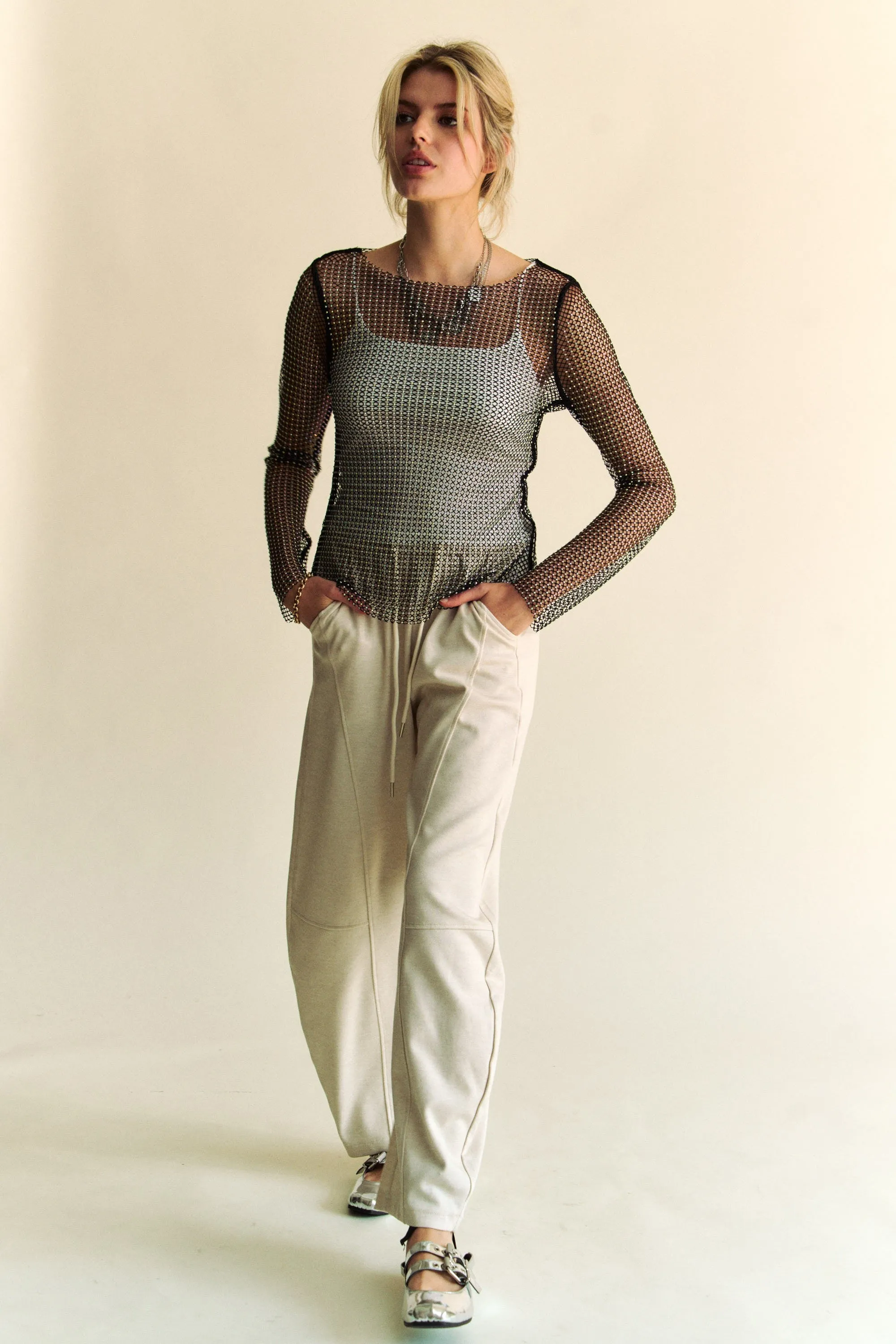 Hazel Blues® |  Davi & Dani Sparkling Rhinestone Sheer Mesh Round Neck Top