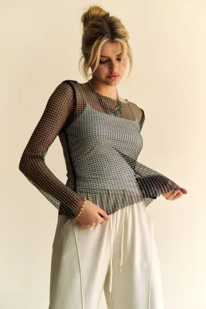 Hazel Blues® |  Davi & Dani Sparkling Rhinestone Sheer Mesh Round Neck Top