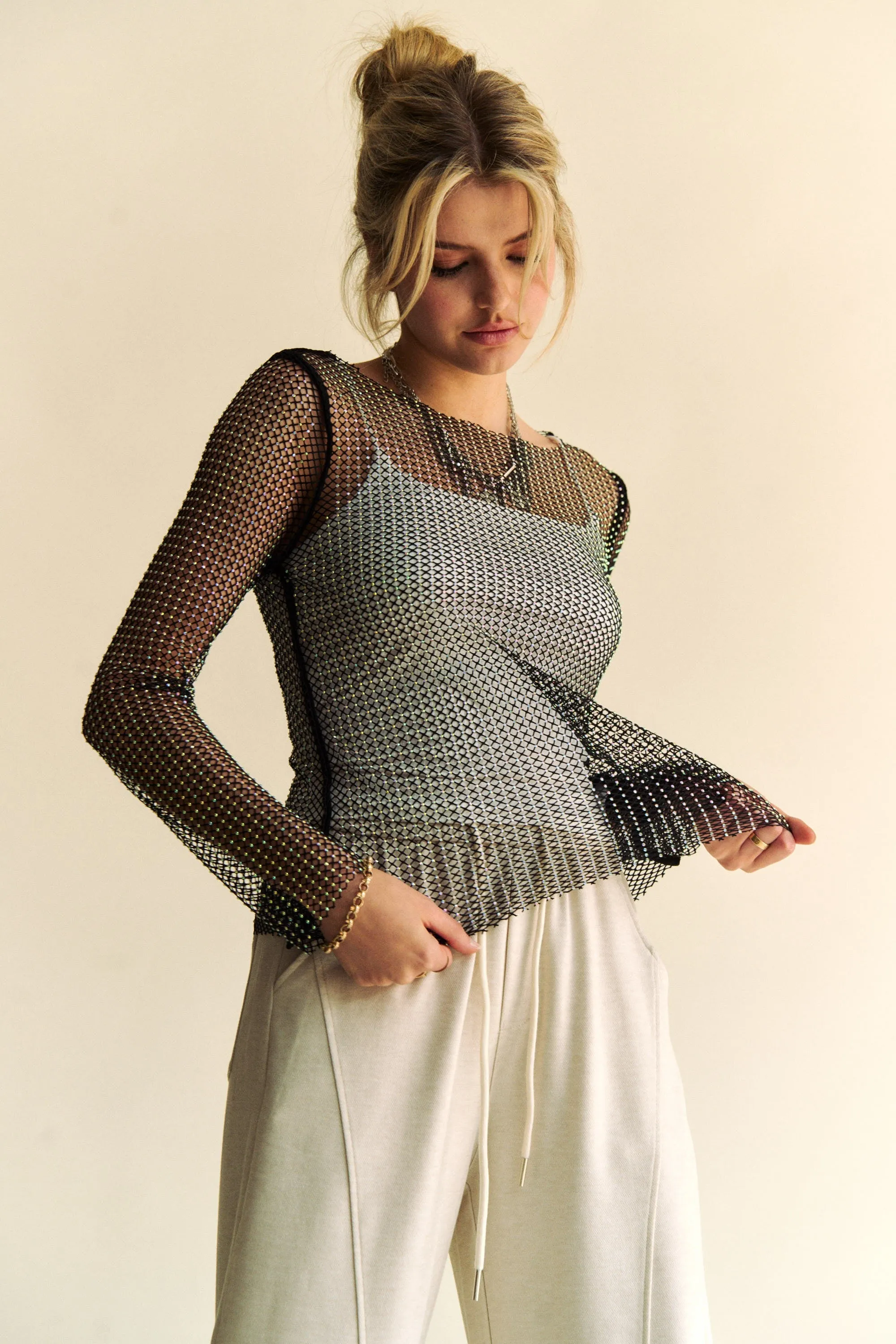 Hazel Blues® |  Davi & Dani Sparkling Rhinestone Sheer Mesh Round Neck Top